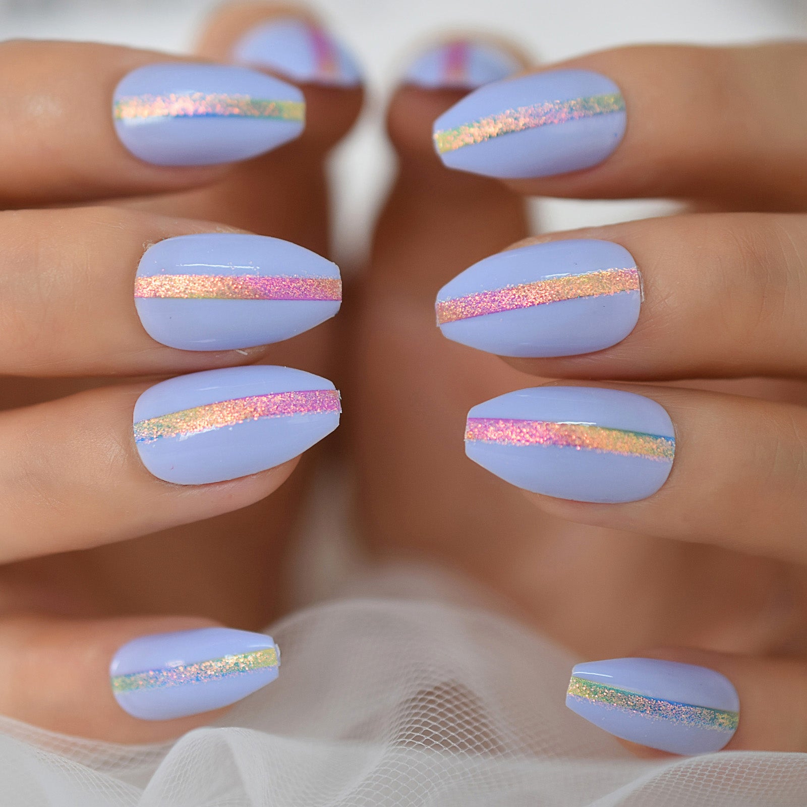 24pcs Coffin Press On Nails Medium Glossy Rainbow Color Ballerina Fake Nails Set Clear Nude False Ongles