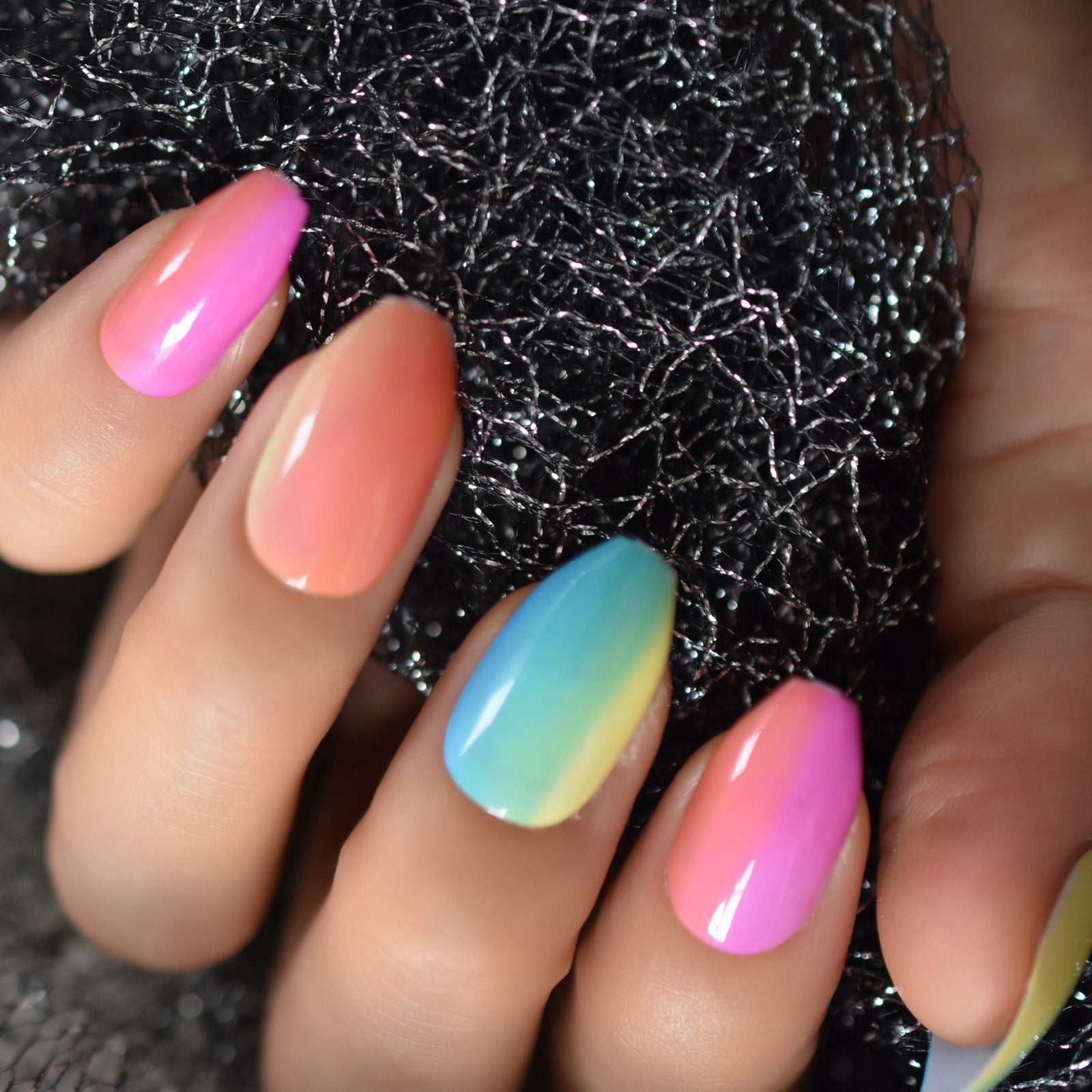 24pcs Coffin Press On Nails Medium Glossy Rainbow Color Ballerina Fake Nails Set Clear Nude False Ongles