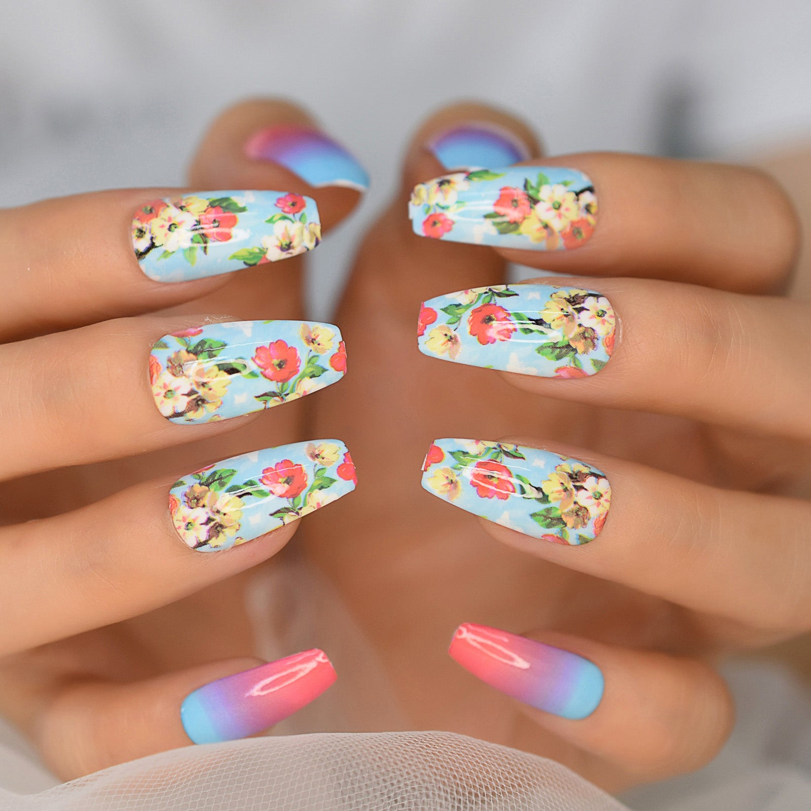 24pcs Coffin Press On Nails Medium Glossy Rainbow Color Ballerina Fake Nails Set Clear Nude False Ongles