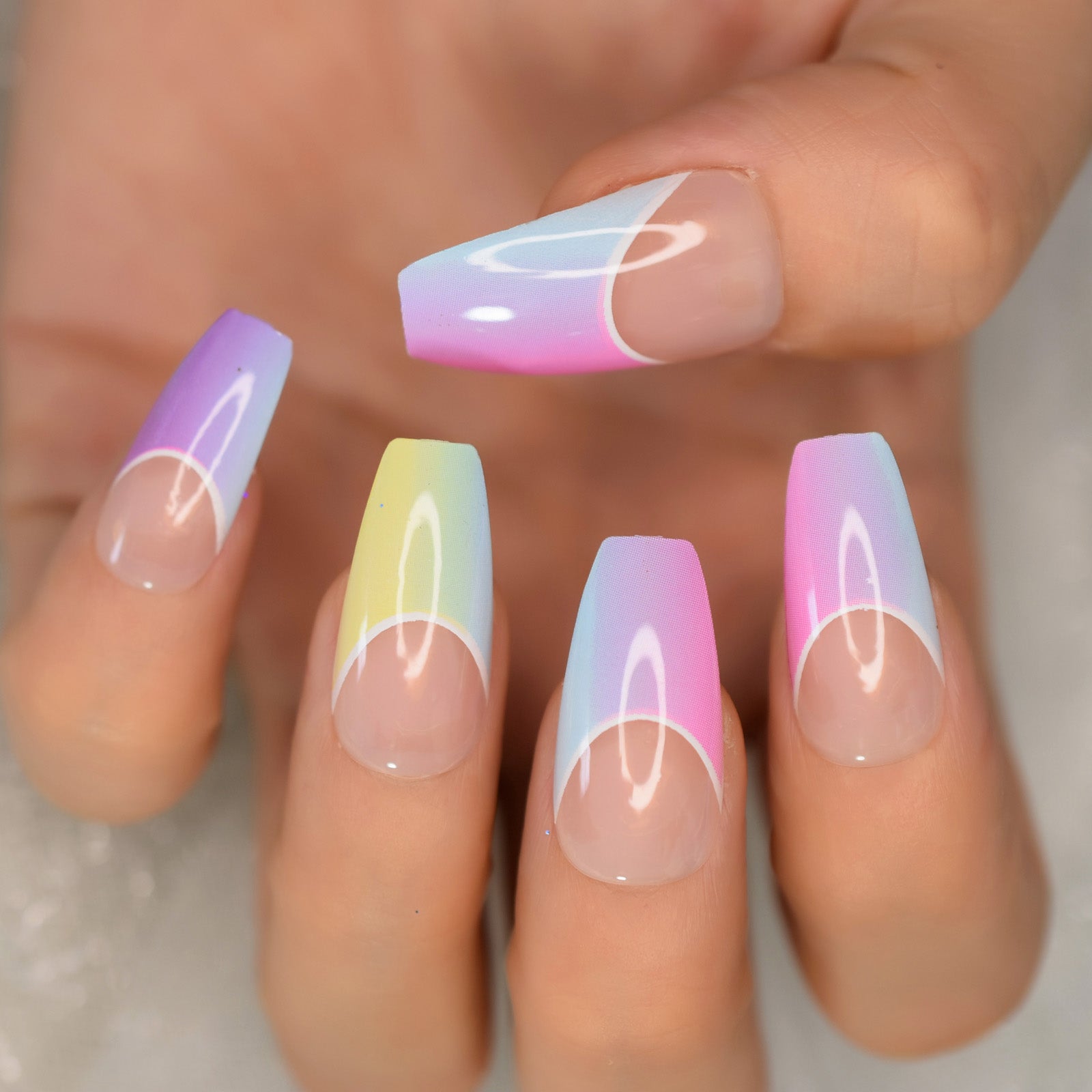 24pcs Coffin Press On Nails Medium Glossy Rainbow Color Ballerina Fake Nails Set Clear Nude False Ongles