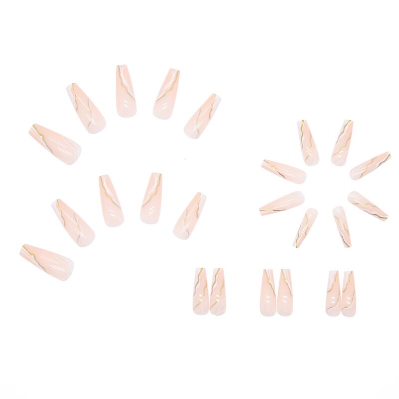 24pcs Nude Pink False Nails Extra Long White Gold Line Decals Coffin Fake Nails Acrylic Removable Ballerina Faux Nail Art Tips