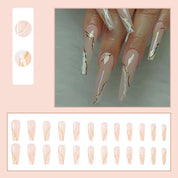 24pcs Nude Pink False Nails Extra Long White Gold Line Decals Coffin Fake Nails Acrylic Removable Ballerina Faux Nail Art Tips