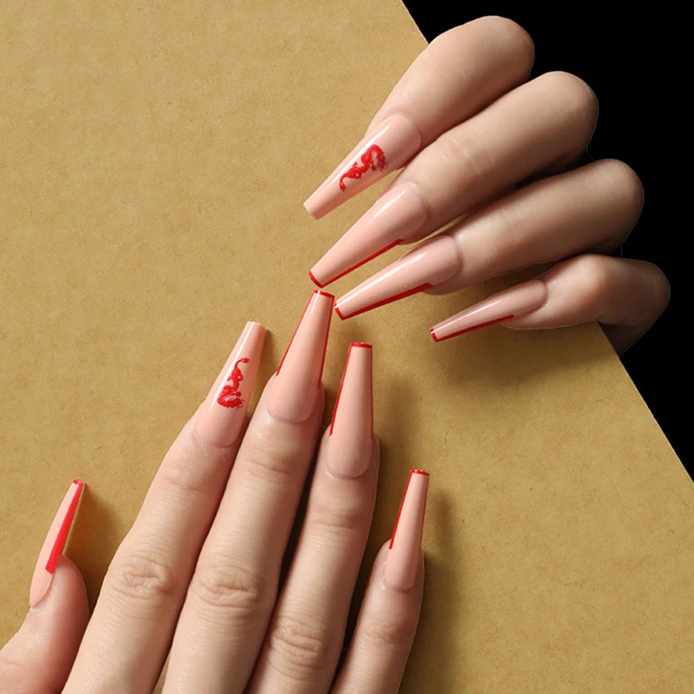 24pcs Rose Pattern Red Wine False Nail Fake Nails Coffin Glossy Press On Nails False Girls Ballerina full cover Fingernails Tips