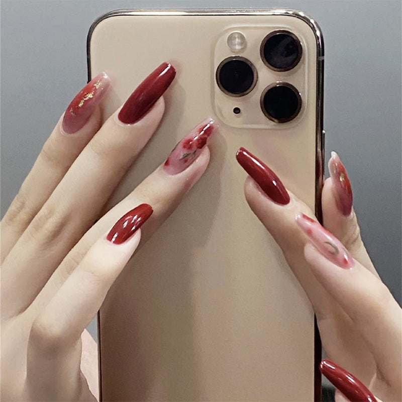 24pcs Rose Pattern Red Wine False Nail Fake Nails Coffin Glossy Press On Nails False Girls Ballerina full cover Fingernails Tips