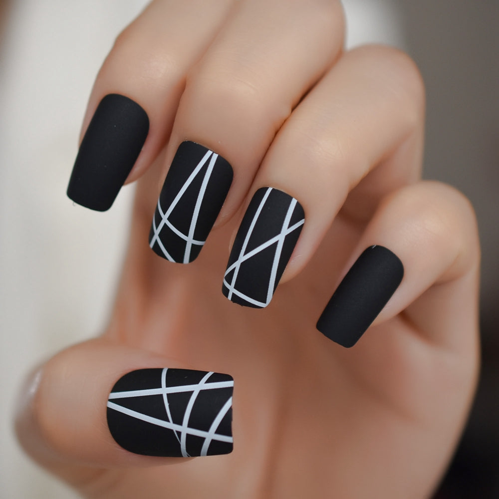 Matt Black Fake Nails Visible Trails of Planets Faux Ongle Square Press On Finger Manicure with Adhesive Tabs 24