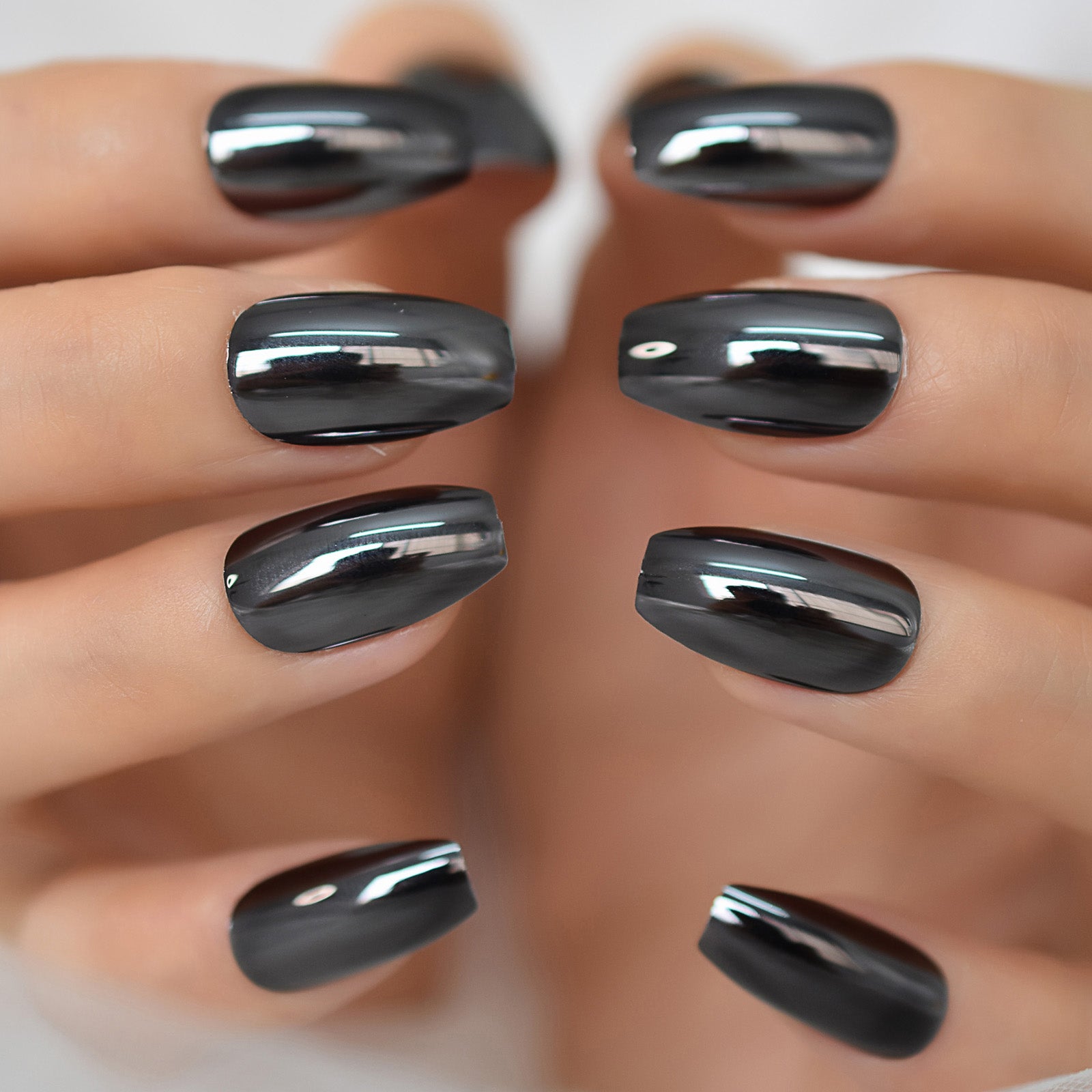 Matt Black Fake Nails Visible Trails of Planets Faux Ongle Square Press On Finger Manicure with Adhesive Tabs 24