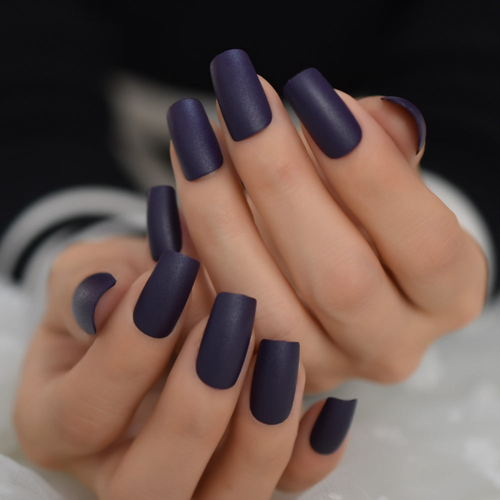 Matt Black Fake Nails Visible Trails of Planets Faux Ongle Square Press On Finger Manicure with Adhesive Tabs 24