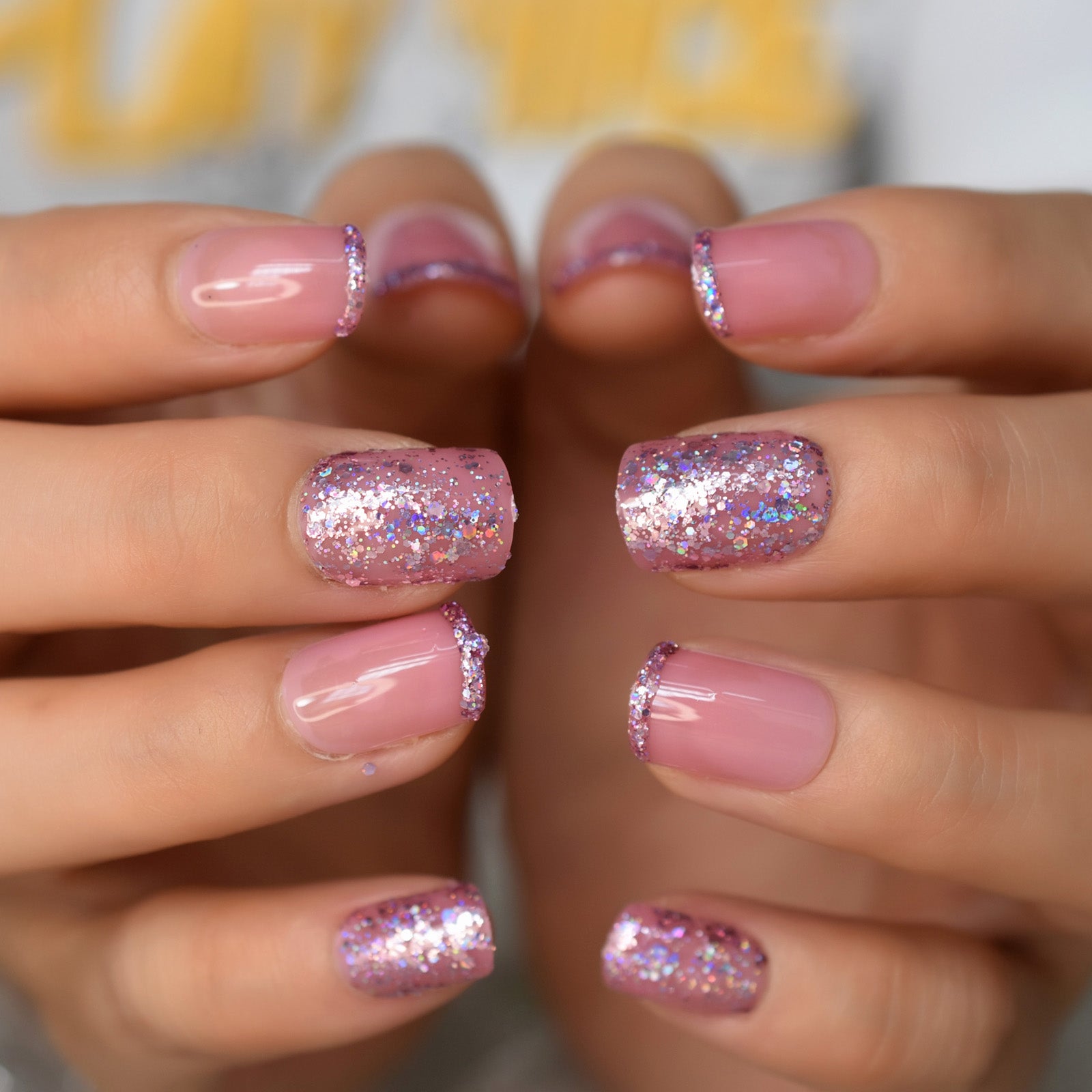 Matte Metallic Press On Nails Holographic Pink Gold Shiny Squavol False Fingernails Pure Color Manicure Tips 24