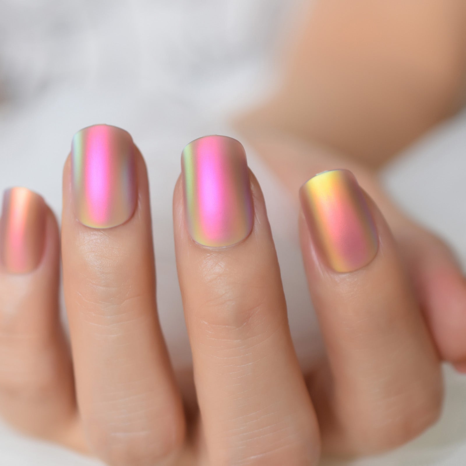 Matte Metallic Press On Nails Holographic Pink Gold Shiny Squavol False Fingernails Pure Color Manicure Tips 24