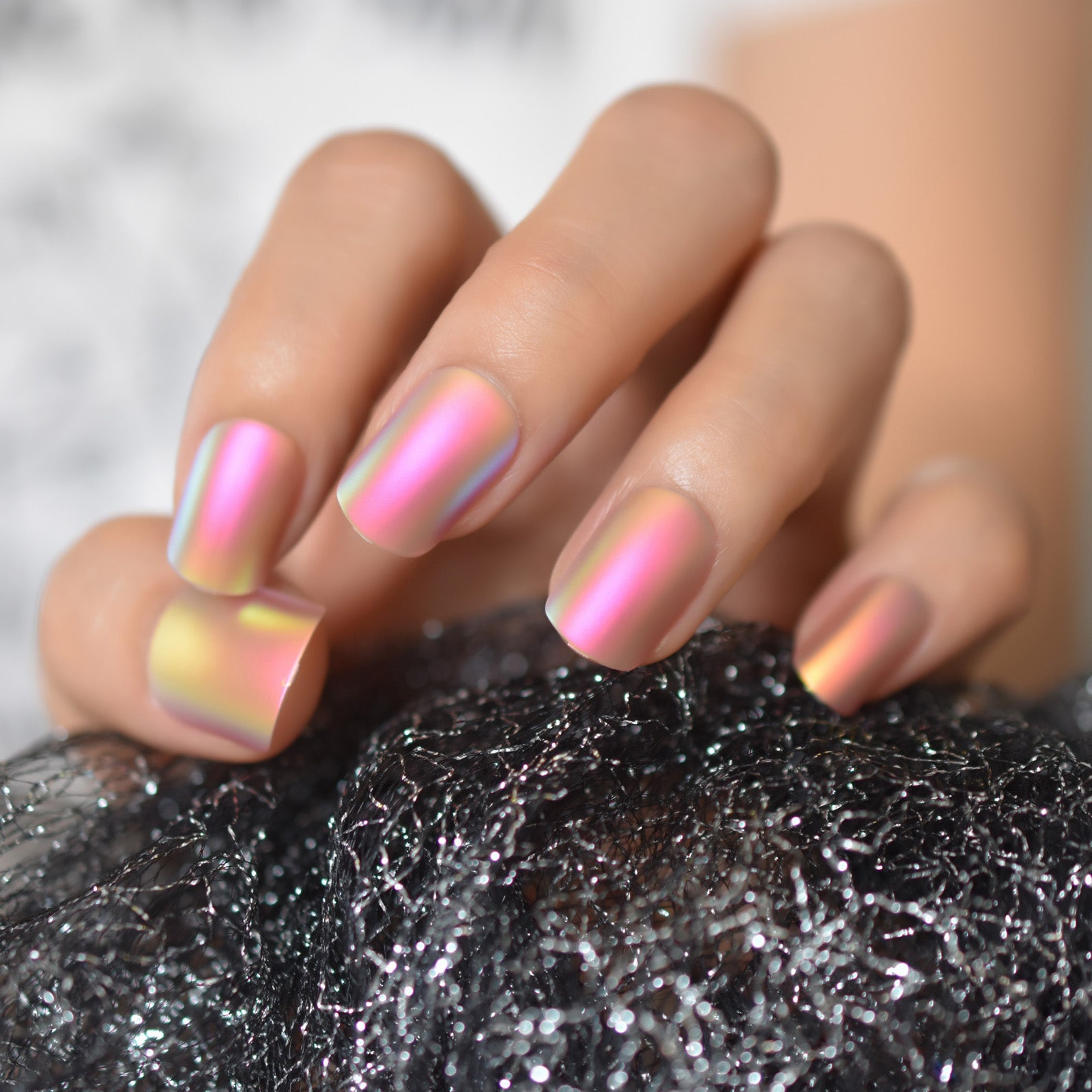 Matte Metallic Press On Nails Holographic Pink Gold Shiny Squavol False Fingernails Pure Color Manicure Tips 24
