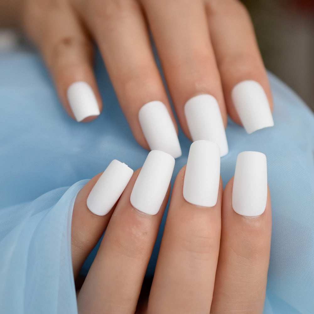 Medium Long Matte Fake Nails White Matt Solid Color Nail Tips Square Acrylic Fignernails 24
