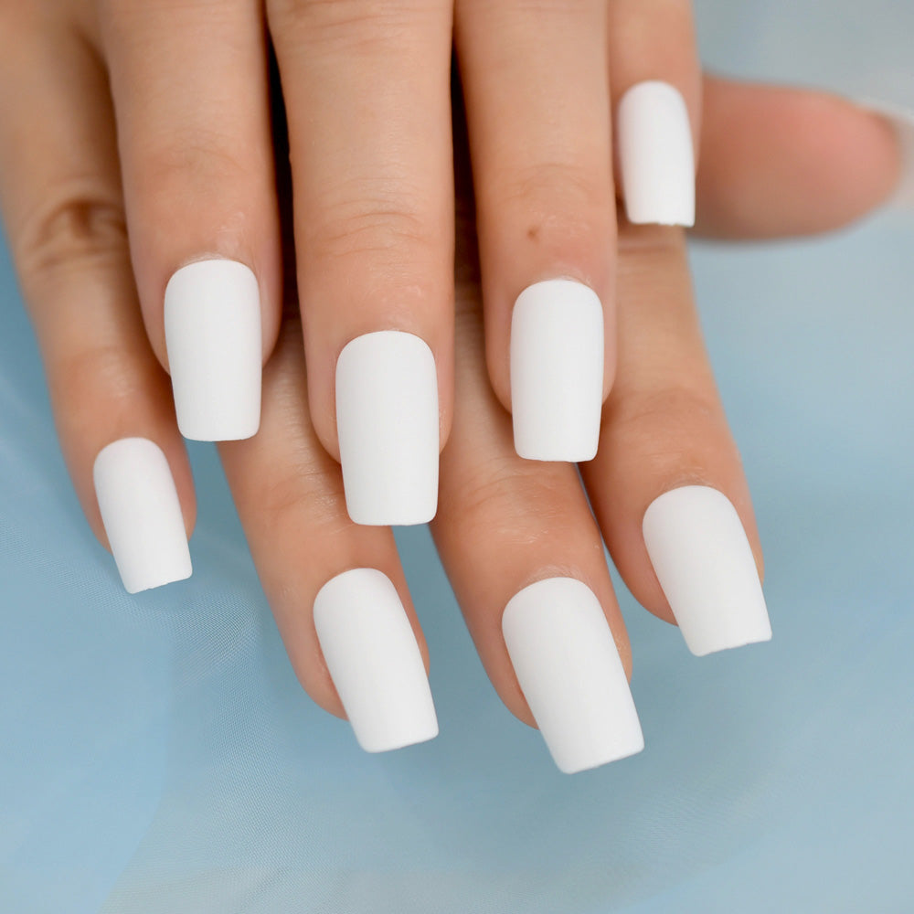 Medium Long Matte Fake Nails White Matt Solid Color Nail Tips Square Acrylic Fignernails 24