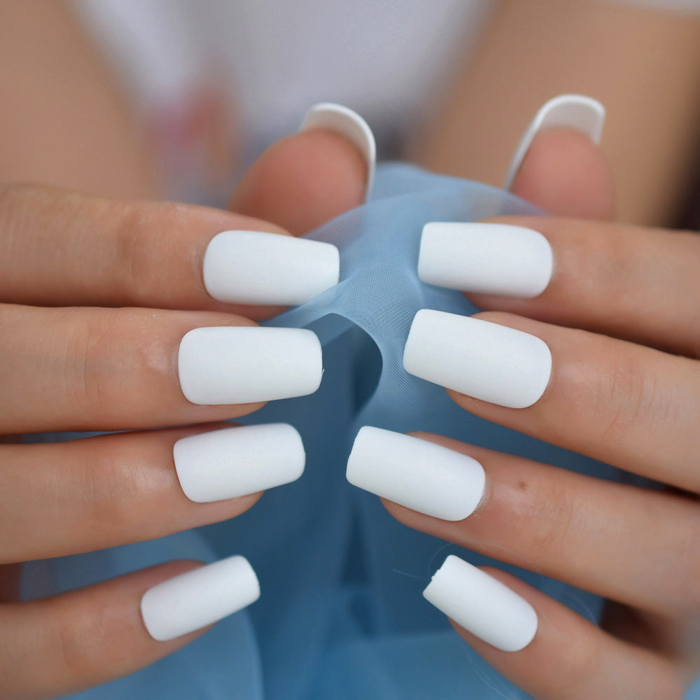 Medium Long Matte Fake Nails White Matt Solid Color Nail Tips Square Acrylic Fignernails 24