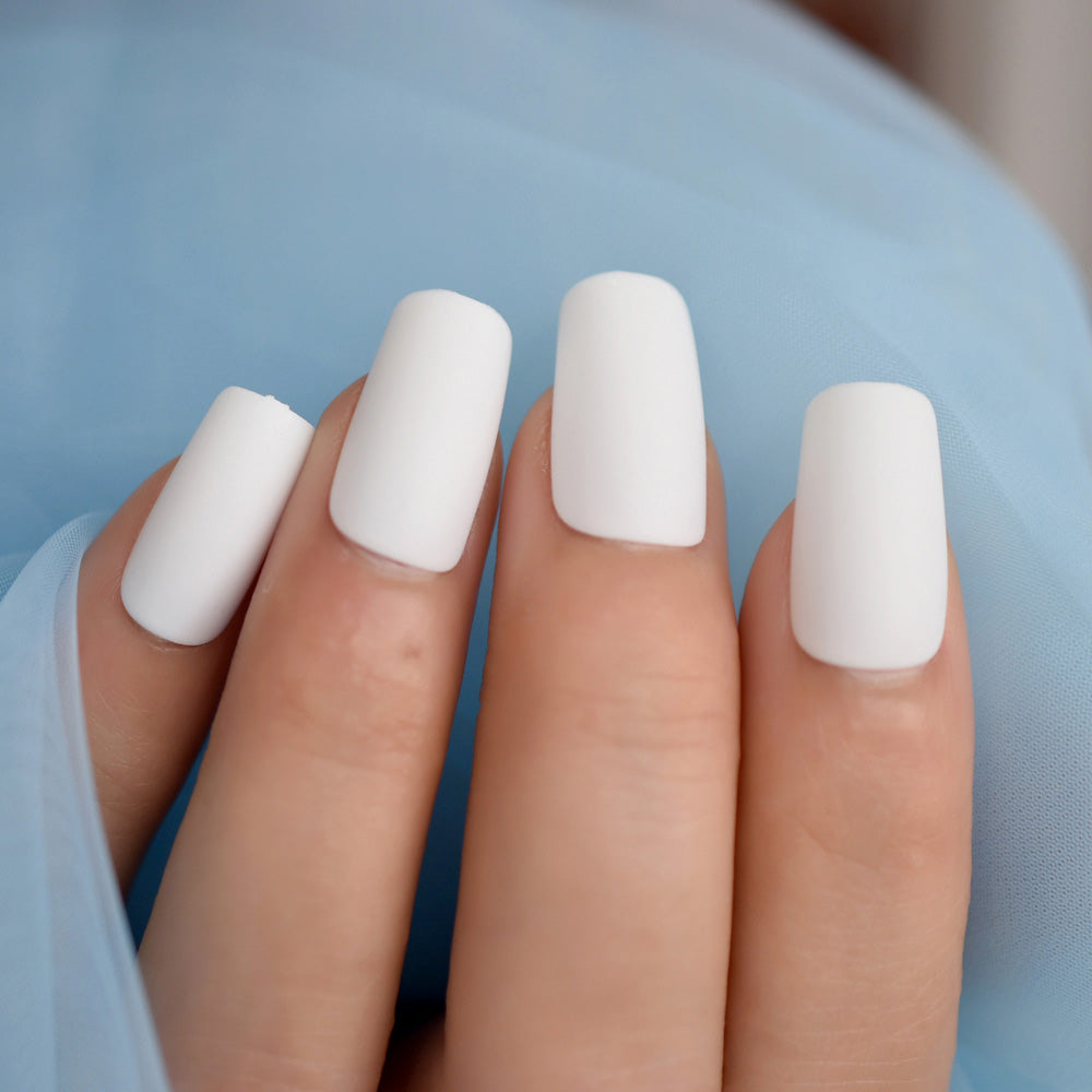 Medium Long Matte Fake Nails White Matt Solid Color Nail Tips Square Acrylic Fignernails 24