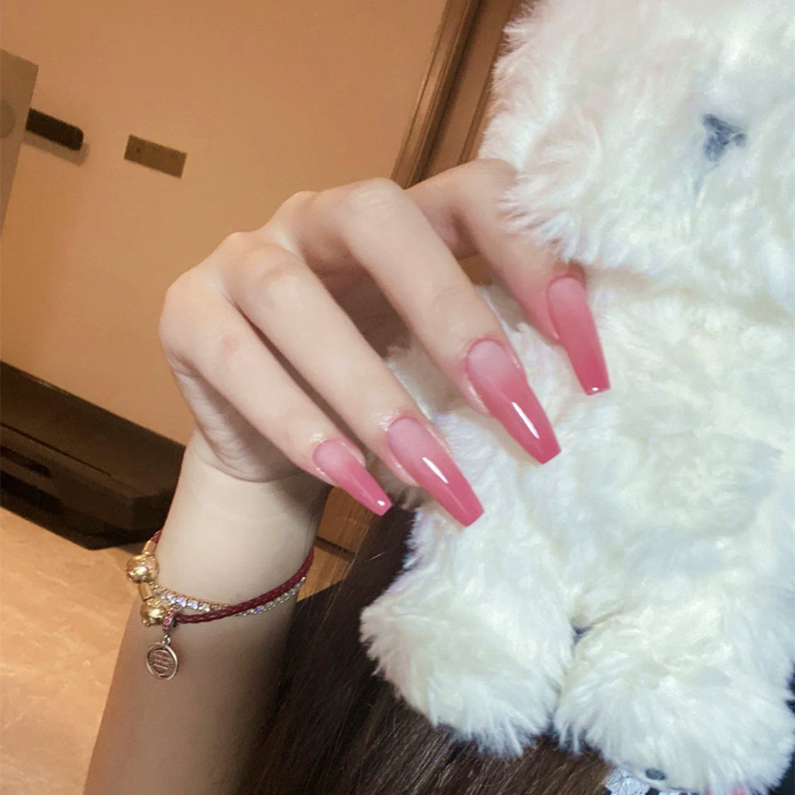 U&#241;as postizas acr&#237;licas para mujer y ni&#241;a, 24 piezas, cubierta completa Rosa melocot&#243;n, herramientas de decoraci&#243;n de u&#241;as postizas con pegamento